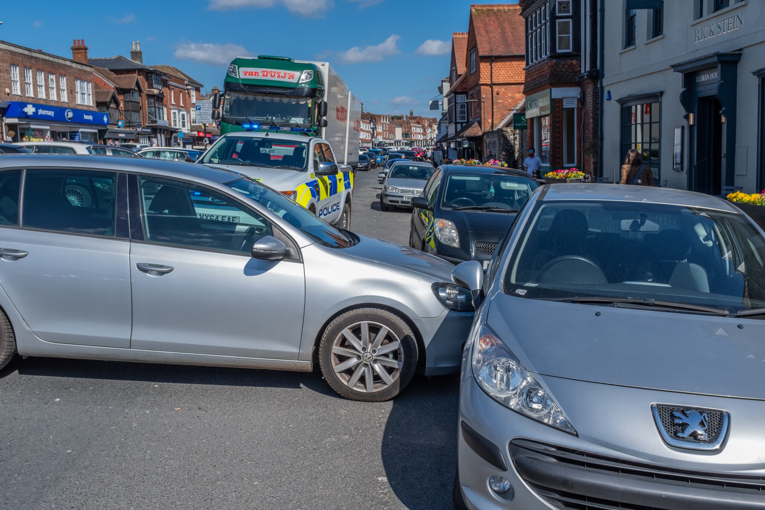 Close-up of a runaway car blocking the one-way system in Marlborough town centre, Wiltshire, UK, on a busy Sunday afternoon, March 24, 2019.