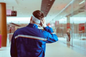 Male industrial worker in uniform with bandage, accident injury