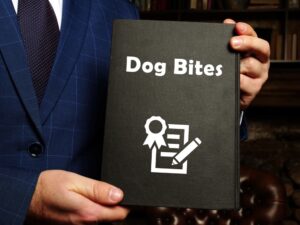 Juridical concept about dog bites with the phrase 'Dog Bite Liability' written on a sheet, accompanied by a gavel and legal documents.