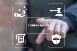 Man pressing the word 'COMPENSATION' on a virtual screen, symbolizing injury, insurance, legal advice, and compensation for workplace accidents or trauma.