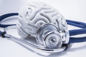 The figure of the human brain with a stethoscope