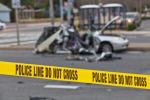 Damaged vehicle from a car accident behind a 'Police Line Do Not Cross' barrier tape at the crash site.