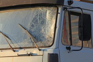 Truck with a broken windshield after an accident